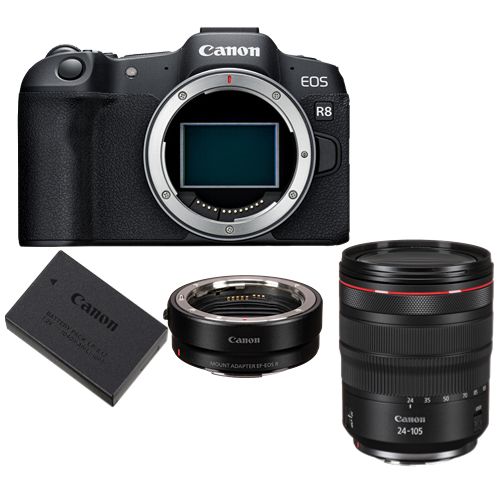 Canon EOS R8 Kamera + EF-EOS R-Adapter + Canon LP-E17-Akku + RF 24–105 mm f/4L IS USM