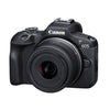 Canon EOS R100 – Digitalkamera – spiegellos – 24,1 MP – APS-C – 4K / 29,97 fps – 2,5-facher optischer Zoom, Objektiv RF-S 18–45 mm F4,5–6,3 IS STM – WLAN, Bluetooth – schwarz