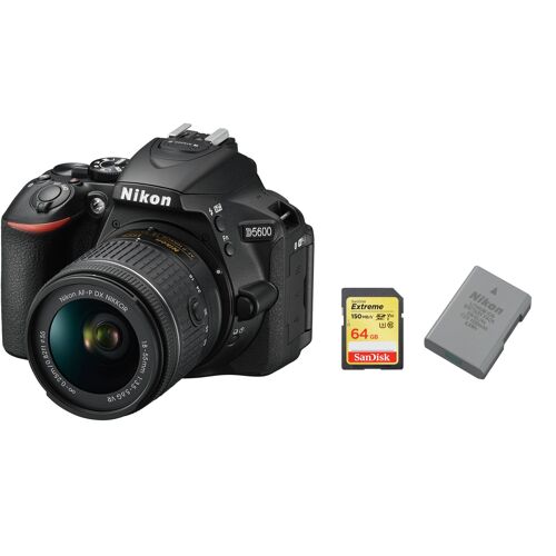 NIKON D5600 Spiegelreflexkamera, 24,2 Megapixel, Set mit AF-P 18–55 mm F3,5–5,6G VR + 64 GB SD-Karte + NIKON EN-EL14A-Akku