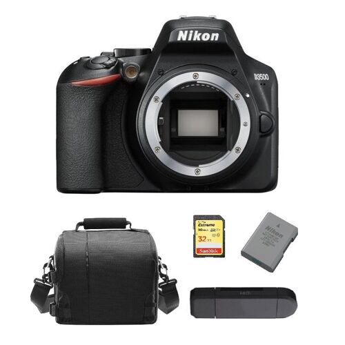 NIKON D3500 Spiegelreflexkamera, 24,2 Megapixel, Gehäuse in Schwarz + 32-GB-SD-Karte + Kameratasche + EN-EL14A-Akku + Speicherkartenleser