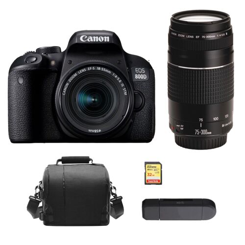 CANON EOS 800D Spiegelreflexkamera, 24,2 Megapixel, Set mit EF-S 18–55 mm IS STM + EF 75–300 mm III Objektiv + 32 GB SD-Karte + Tasche + Kartenlesegerät