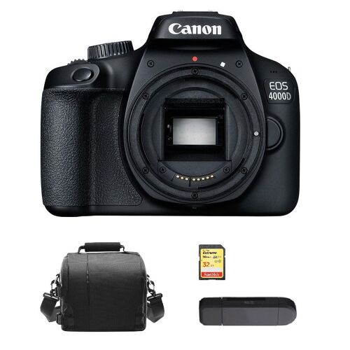 CANON EOS 4000D Spiegelreflexkamera, 18 Megapixel, Gehäuse in Schwarz + 32-GB-SD-Karte + Tasche + Speicherkartenleser