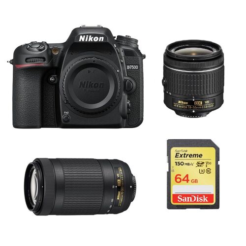 NIKON D7500 Spiegelreflexkamera, 20,9 Megapixel, Kit mit AF-P 18–55 mm F3,5–5,6G VR + Objektiv AF-P 70–300 mm F4,5–6,3 ED VR DX + 64-GB-SD-Karte