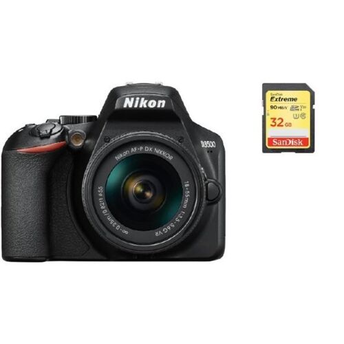 NIKON D3500 Spiegelreflexkamera mit 24,2 Megapixel + Kit-Objektiv AF-P 18–55 mm F3,5–5,6G VR + 32-GB-SD-Karte