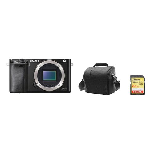 Sony A6000 Systemkamera, 24,3 Megapixel, Gehäuse ohne Objektiv, schwarz + 64 GB SD-Karte + Kameratasche