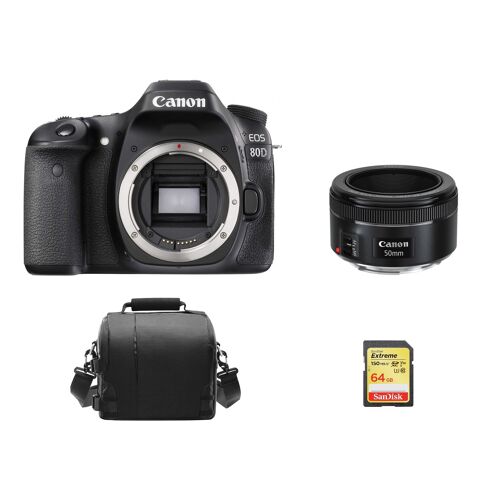 CANON EOS 80D Spiegelreflexkamera mit 24,2 Megapixeln + EF 50 mm F1,8 STM-Objektiv + 64 GB SD-Karte + Kameratasche