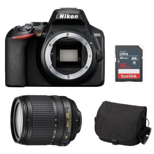 NIKON D3500 Spiegelreflexkamera 24,2 Megapixel, schwarz + Objektiv AF-S 18–105 mm F3,5–5,6G ED VR + Kameratasche + 16-GB-SD-Karte