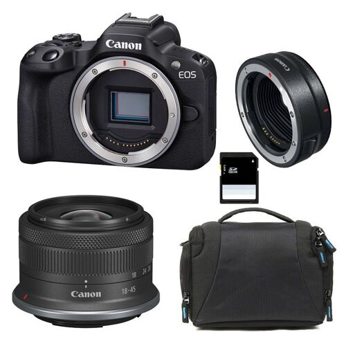 CANON EOS R50 + RF-S 18–45 mm F4,5–6,3 IS STM, 3 Jahre Garantie + Tasche + 8-GB-SD-Karte + EF-EOS-R-Adapterring