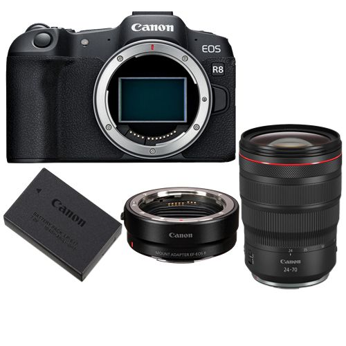 Canon EOS R8 Kamera + EF-EOS R-Bajonettadapter + Canon LP-E17 Akku + RF 24–70 mm f/2,8L IS USM