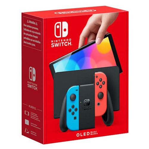 Nintendo Switch OLED-Konsole in Neonblau, Schwarz und Neonrot