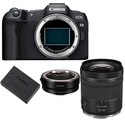 Canon EOS R8 Kamera + EF-EOS R-Adapter + Canon LP-E17-Akku + RF 24–105 mm f/4–7,1 IS STM