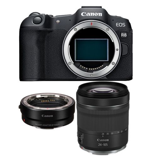 Canon EOS R8 Kamera + EF-EOS R-Bajonettadapter + RF 24–105 mm f/4–7,1 IS STM