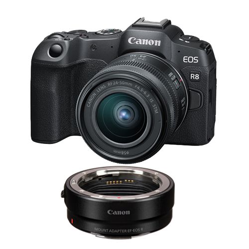 Canon EOS R8 Kamera + RF 24–50 mm f/4,5–6,3 IS STM Objektiv + EF-EOS R-Bajonettadapter