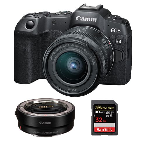 Canon EOS R8 Kamera + RF 24–50 mm f/4,5–6,3 IS STM Objektiv + EF-EOS R-Adapter + SanDisk 32 GB Extreme Pro SDHC USH-II 4K U3 300 MB/s