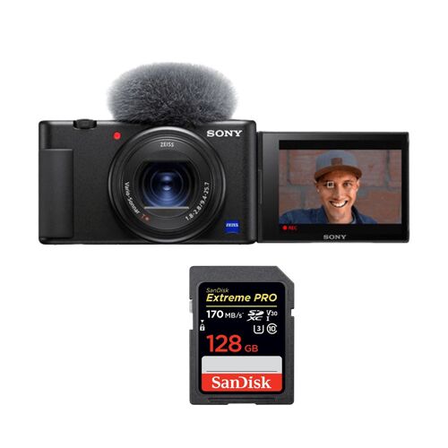 Sony ZV-1 Kamera, schwarz + SanDisk 128 GB Extreme Pro SDXC UHS-I U3 V30 170 MB
