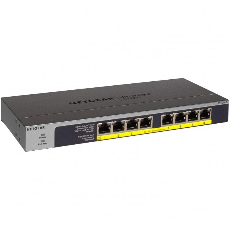 NETGEAR GS108LP Unmanaged Gigabit-Ethernet (10/100/1000) Power over Ethernet (PoE) 1U Schwarz, Grau