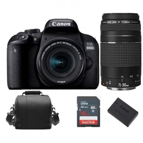 CANON EOS 800D Spiegelreflexkamera, 24,2 Megapixel, Set mit EF-S 18–55 mm F4–5,6 IS STM + EF-Objektiv 75–300 mm F4–5,6 III + Tasche + 16-GB-SD-Karte + Akku LP-E17