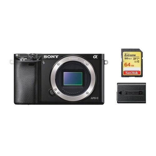 Sony A6000 Systemkamera, 24,3 Megapixel, Gehäuse ohne Objektiv, schwarz + 64 GB SD-Karte + NP-FW50-Akku