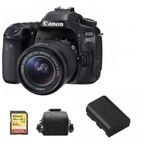 CANON EOS 80D-Set mit EF-S 18–55 mm F3,5–5,6 IS STM + 64-GB-SD-Karte + Kameratasche + Akku LP-E6N