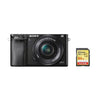 Sony A6000 Systemkamera 24,3 Megapixel, schwarz + Objektiv SEL 16–50 mm F3,5–5,6 OSS, schwarz + 64-GB-SD-Karte