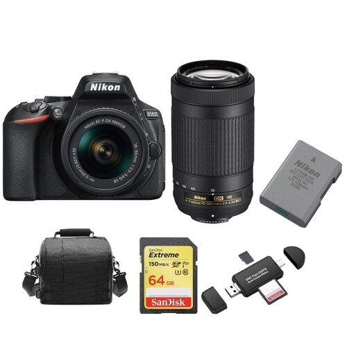 NIKON D5600 Spiegelreflexkamera, 24,2 Megapixel, TWIN KIT mit AF-P 18–55 F3,5–5,6G VR und AF-P 70–300 mm F4,5–6,3 ED VR DX + 64 GB SD-Karte + Tasche + Akku