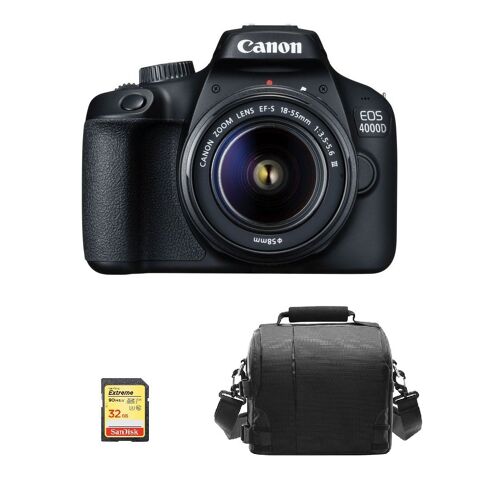 CANON EOS 4000D Spiegelreflexkamera mit 18 Megapixel + EF-S 18–55 mm F3,5–5,6 III Kit-Objektiv + 32-GB-SD-Karte + Kameratasche