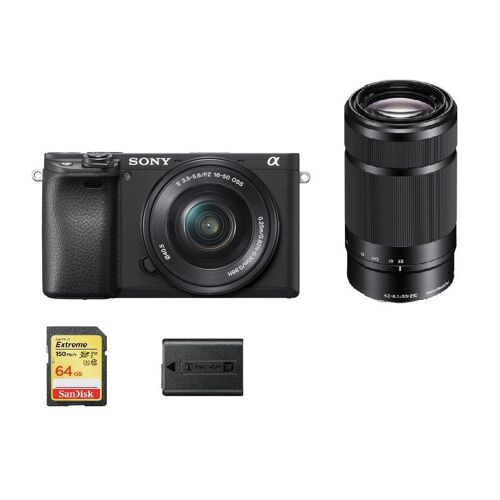 SONY A6400 Systemkamera mit 24,2 Megapixel + Objektiv SONY SEL 16–50 mm F3,5–5,6 OSS + Objektiv SONY SEL 55–210 mm F4,5–6,3 OSS + 64-GB-SD-Karte + Akku NP-FW50
