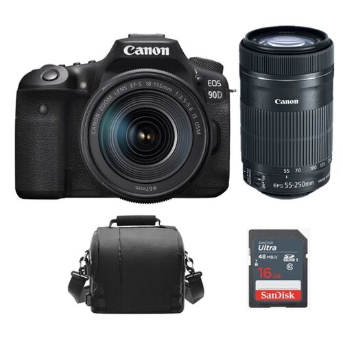 CANON EOS 90D-Set mit EF-S 18–135 mm F3,5–5,6 IS USM + EF-S 55–250 mm F4–5,6 IS STM + Fototasche + 16-GB-SD-Karte