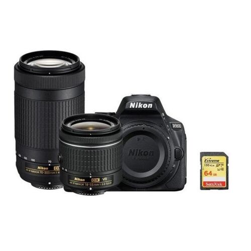NIKON D5600 Spiegelreflexkamera mit 24,2 Megapixel + Objektiv-Set „TWIN KIT“: AF-P 18–55 mm F3,5–5,6G VR und AF-P 70–300 mm F4,5–6,3 ED VR DX + 64-GB-Speicherkarte + Tasche