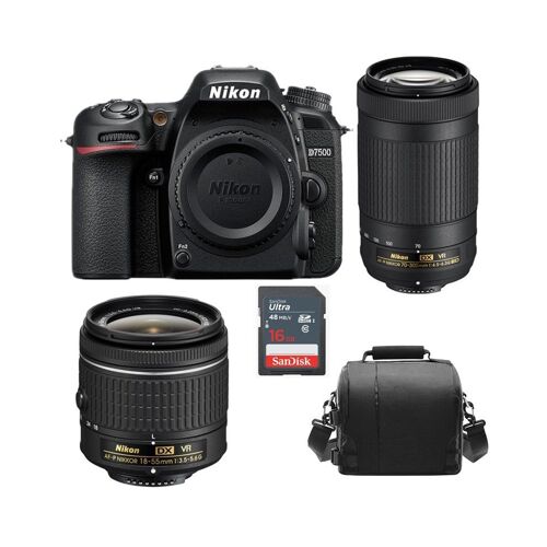 NIKON D7500 Spiegelreflexkamera 20,9 Megapixel, Set mit AF-P 18–55 mm F3,5–5,6G VR + Objektiv AF-P 70–300 mm F4,5–6,3 ED VR DX (20062) + Tasche + 16-GB-SD-Karte