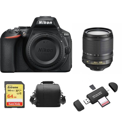 NIKON D5600 Spiegelreflexkamera mit 24,2 Megapixel + Objektiv AF-S 18–105 mm F3,5–5,6G ED VR + 64-GB-SD-Karte + Tasche + Speicherkartenleser