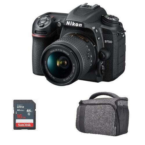 NIKON D7500 Spiegelreflexkamera 20,9 Megapixel + Set mit AF-P 18–55 mm F3,5–5,6G VR + Tasche + 16-GB-SD-Karte