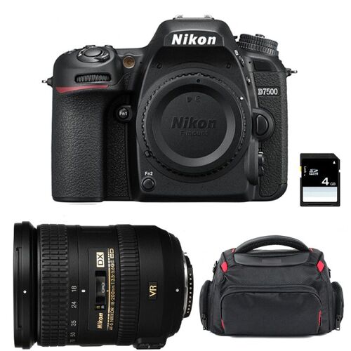 Nikon D7500 + AF-S DX 18–200 mm f/3,5–5,6G ED VR II + Tasche + 4 GB SD-Karte