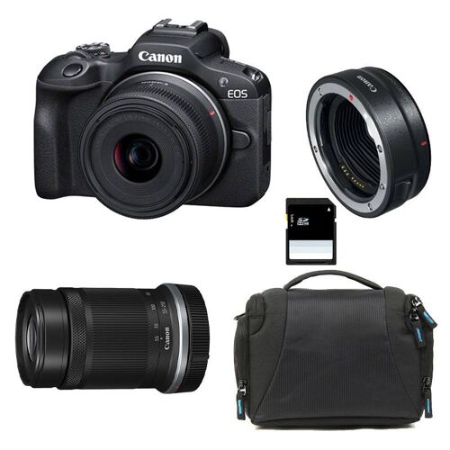 CANON EOS R100 + RF-S 18–45 mm f/4,5–6,3 IS STM + RF-S 55–210 mm f/5–7,1 IS STM, 3 Jahre Garantie + Tasche + 8-GB-SD-Karte