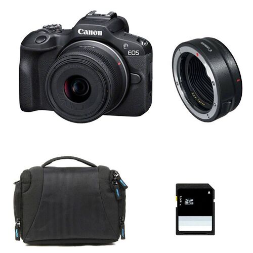 CANON EOS R100 + RF-S 18–45 mm f/4,5–6,3 IS STM, 3 Jahre Garantie + Tasche + 8-GB-SD-Karte + EF-EOS-R-Adapterring
