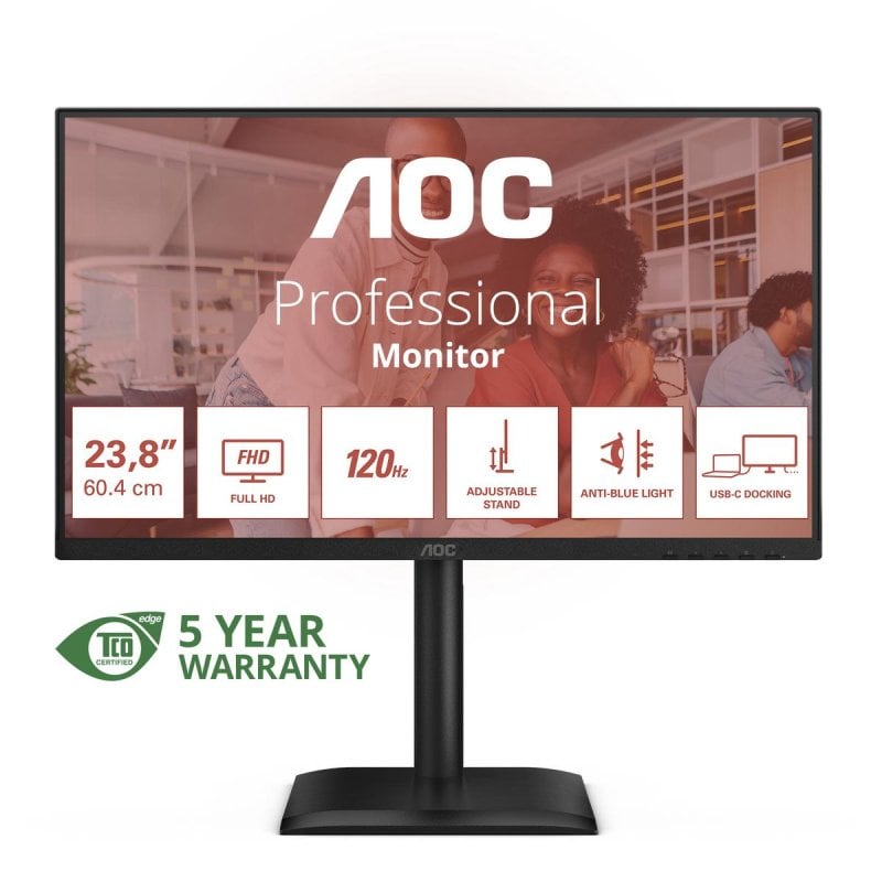 24-Zoll-AOC-Monitor, Full HD 1920 x 1080, 120 Hz, IPS, LED, flimmerfrei, blaues Licht reduziert, USB-C, 90 W
