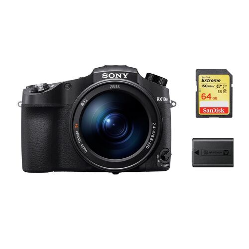 Sony DSC-RX10 IV Spiegelreflexkamera, 20,1 Megapixel, schwarz + 64 GB SD-Karte + NP-FW50-Akku