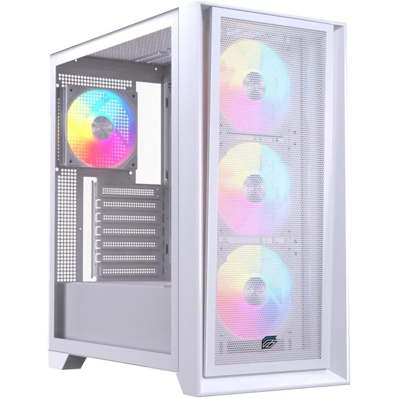 Einarex PULSE P600 RGB, weißer ATX-Tower mit Glas-/Mesh-Frontblende und 3 x 120-mm-Lüftern