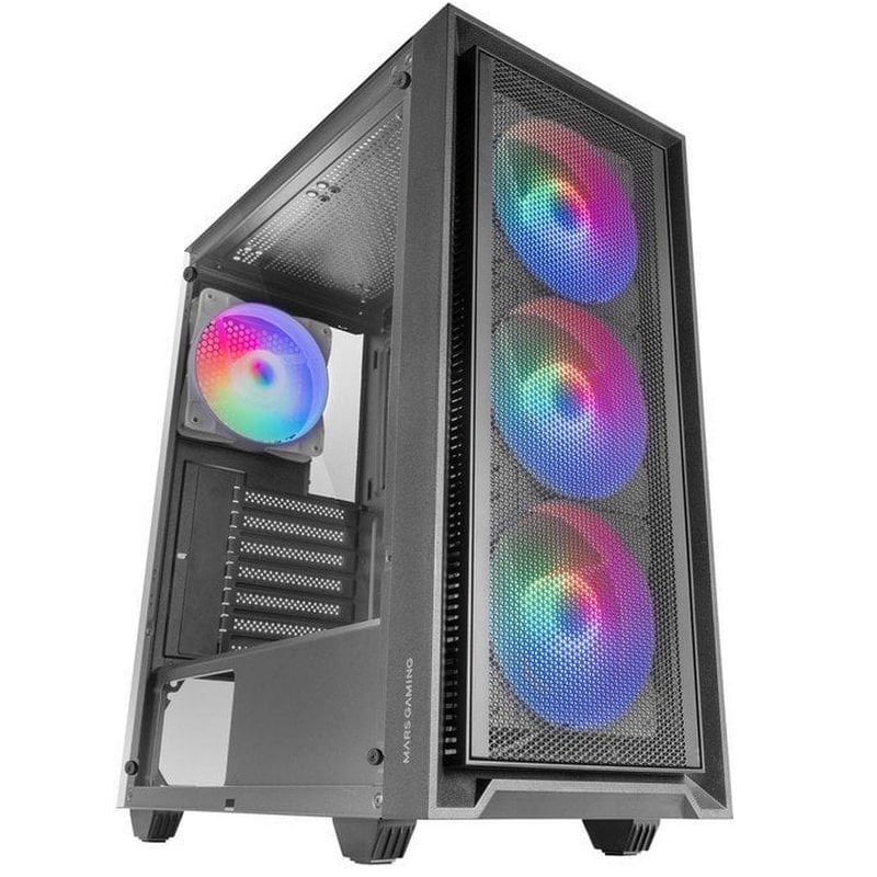 Mars Gaming MC-AIR ATX-Gaming-Gehäuse, 4x FRGB-12-cm-Lüfter, Mesh-Front, gehärtetes Glas, schwarz