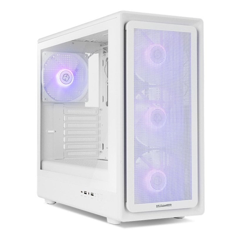 NOX Hummer AERO Weiß Halbhoch-Gehäuse für ATX/M-ATX/ITX mit 4 × 140-mm-ARGB-Lüftern, Mesh-Frontblende, gehärtetem Glas und USB-C