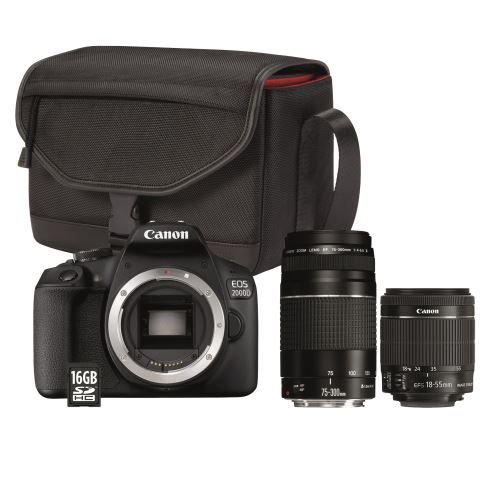 Canon EOS 2000D + EF-S 18–55 IS II + EF 75–300 f/4–5,6 III + Tasche + SD-Speicherkarte 16 GB